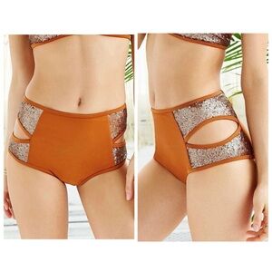 Amuse Society Angie Sequin High Waisted Bikini Bottom Orange Rust Size Medium
